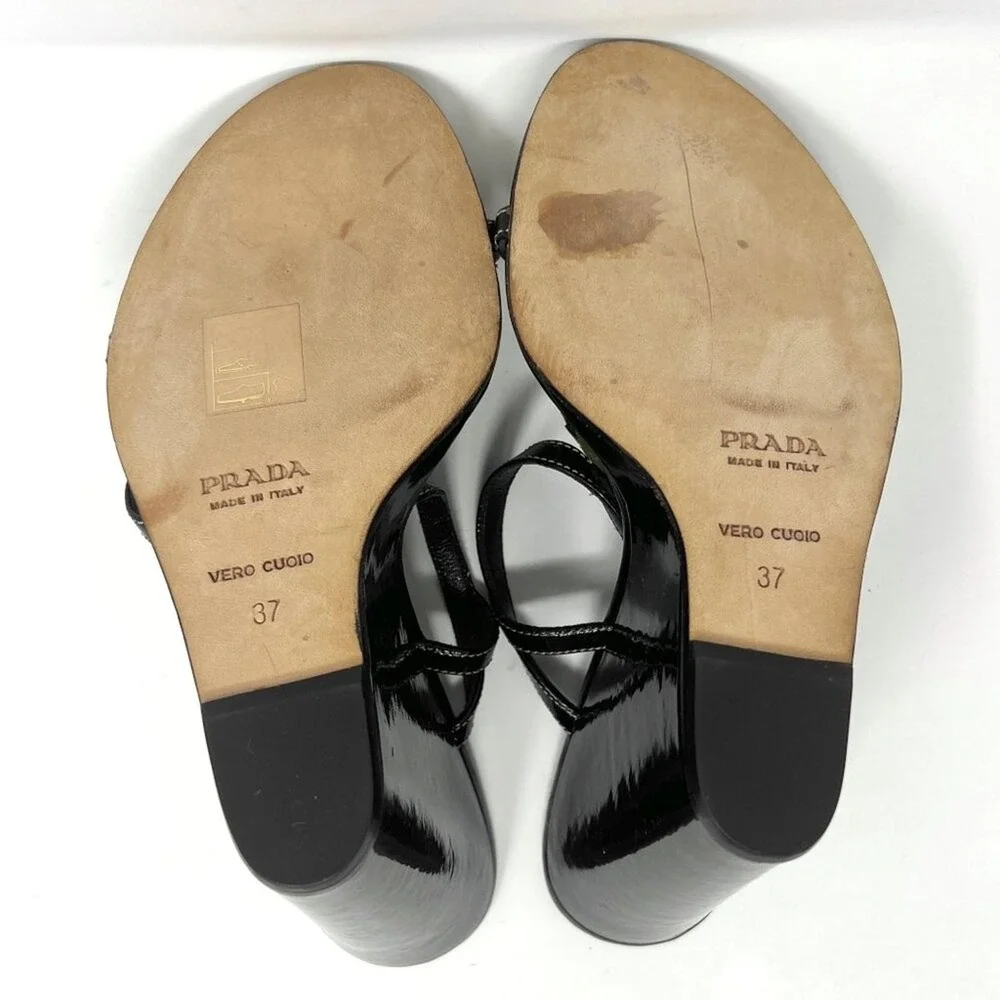 Prada Black Patent Leather Floral Wedge Sandals Strappy Heels Made‎ in Italy 37